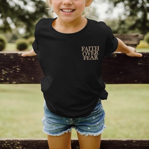 Image of Girls Faith Over Fear Christian Shirts for Kids Jesus God Bible Verse Religious Tshirt Cute Preppy Graphic Tees Tops