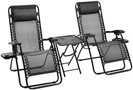 Amazon Basics Textilene Outdoor Adjustable Zero Gravity Folding Reclining Lounge Chair with Side table and Pillow - Pack of 2, Black