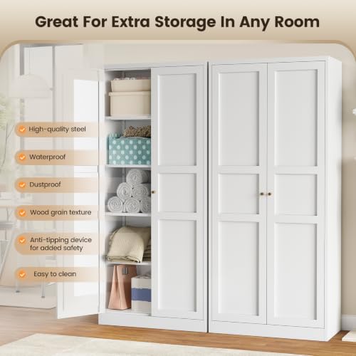 Image of Yizosh Metal Storage Cabinet - 71 inch White Kitchen Pantry with 2 Doors and 5 Adjustable Shelves, 5-Tier Tall Steel Locker for Living Room, Dining Room