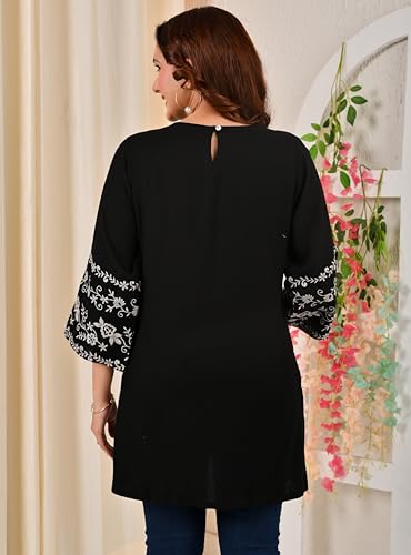 Image of MAHIRA'S Women's Short Kurti, Black Rayon Tunic Top with Embroidered Sleeves, 3 /4 Designer Sleeves