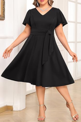 Plus Size Wedding Guest Dress - Cocktail Formal Fall Short Sleeve V Neck A-Line Midi Dresses for Women 20254