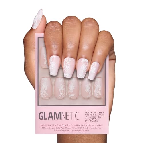 Glamnetic Press On Nails - Lace Blush | Glossy, Matte, Opaque, Medium Coffin Nails, with Lace Detailing, Salon Quality | 15 Sizes - 30 Nail Kit with Glue