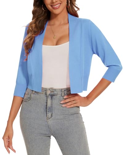 Image of Women 3 /4 Sleeve Cropped Cardigan Lightweight Casual Open Front Bolero Shrug Sweaters