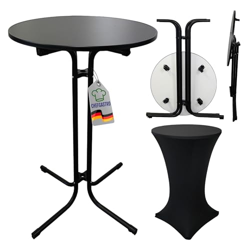 CHEFGASTRO Stehtisch mit Husse klappbar rund 70cm Höhe 110x Bistrotisch In- & Outdoor Stahl, MDF-Platte mit Edelstahlbeschichtung Schwarz Gastro wetterfest Bistrotisch Klapptisch Gartentisch