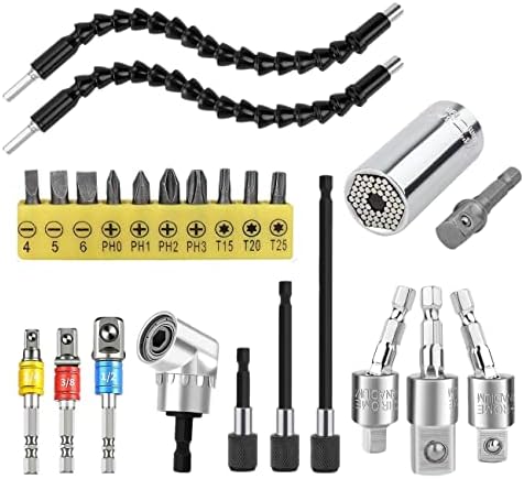 MXiiXM Flexible Drill Bit Extension Hex Shank Kit, Universal Socket Wrench Tools, 105° Right Angle Drill Attachment, 1/4 3/8 1/2" Rotatable Socket Adapter Set, Drill Bit Holder Screwdriver with Box