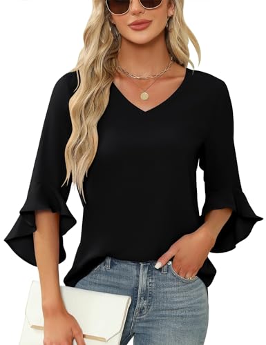 Qirno Chiffon Blouses for Women Ruffle 3/4 Sleeve Dressy V Neck Casual Flowy Tunic Tops