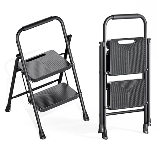 KINGRACK 2 Step Ladder, Folding Step Stool with Handrail, Safe-Lock Design and Wide Anti-Slip Pedals, 500 lbs Capacity Sturdy Steel Ladder for Home and Kitchen, Black