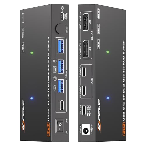 Image of USB C KVM Switch 2 Monitors 2 Computers 4K@60Hz, Camgeet Dual Monior KVM Switch 2 Laptops Share 2 Monitors and 4 10Gbps USB Ports, USB3.2, PD 100W, Wired Remote, USB-C Cables and 12V Power Adapter