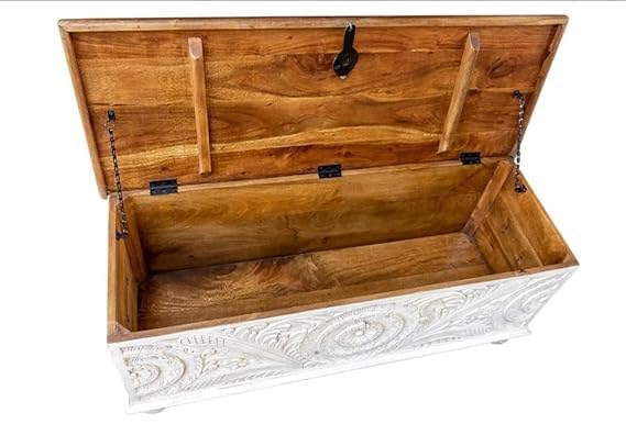 Image of Solid Mango Wooden Handcarved Wooden Storage Trunk | Coffee Table | Center Table For Living room, Bedroom, Hotel & Home, White Distress, (45D x 106W x 45H Centimeters)