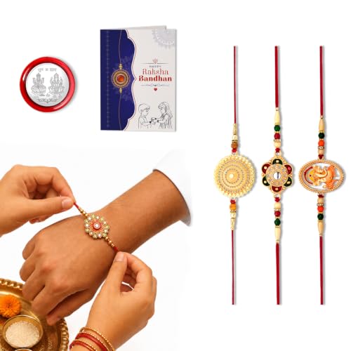 Image of Periapt Fancy Rakhi Set With Multicolor Floral Designs Pack Of 3 Designer Rakhis For Brothers Best Combo For Brothers Attractive Rakhi Set Of 3 - Perfect For Siblings Roli Chawal & Greeting Card