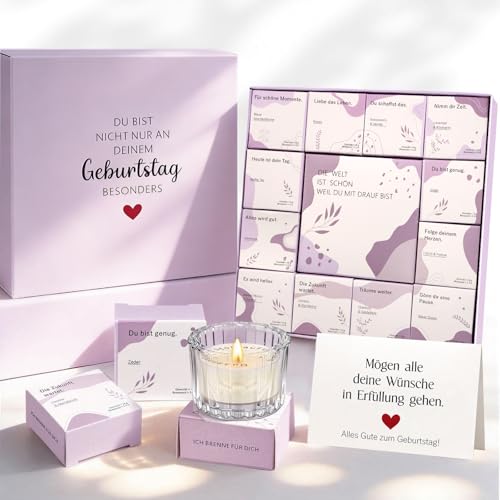 TUZELIYA Geburtstagsgeschenk für Frauen Lila 12 Stück Duftkerzen Geschenkset mit Geburtstagskarte - Verborgene Botschaft erscheint beim Abbrennen - Überraschung & Entspannung Geschenke für Freundin