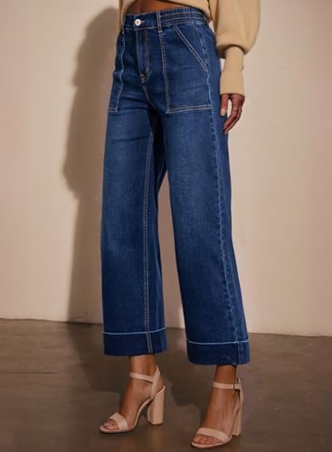 EVALESS Womens High Waist Wide Leg Jeans Trendy Cropped Denim Pants Solid Ankle Length Stretchy Jeans with Pockets3
