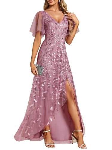 Ever-Pretty Vestido Largo de Invitada Boda Mujer Abertura Cuello en V Doble Asimétrico Lentejuelas Vestido Noche con Cintura Imperio Orquídea 46