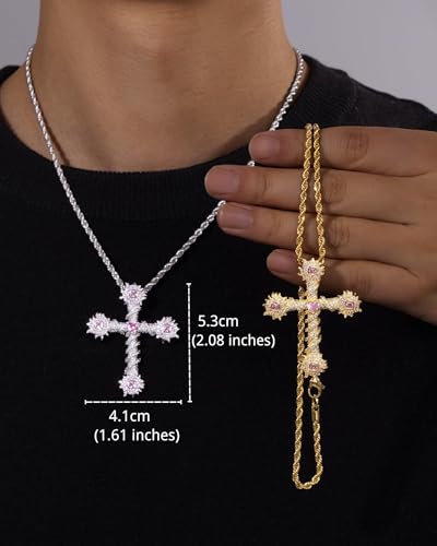 Lulu Mel Iced Out White Gold Plated Cubic Zirconia Stone Cross Necklace With Rope Chain, Trendy Hip Hop Cross Chain Jesus Necklace For Men Women3