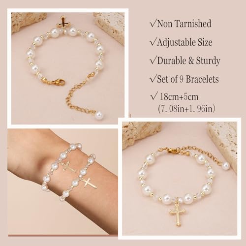 COLOYAN 9 PCS Cross Pearl Rosary Bracelet for Women, Cross Charm Pearl Crystal Beads Bracelet, Adjustable Handmade Rosary Faith Bracelet Jewelry3