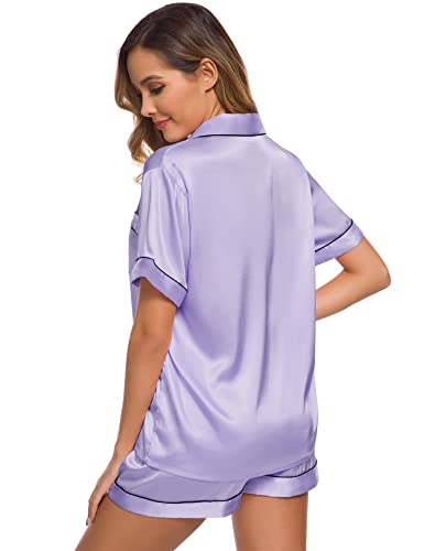 Image of SWOMOG Womens Silk Satin Pajamas Set Short Sleeve Sleepwear Button Down Top and Shorts Loungewear 2 Piece Pjs Set XS-3XL