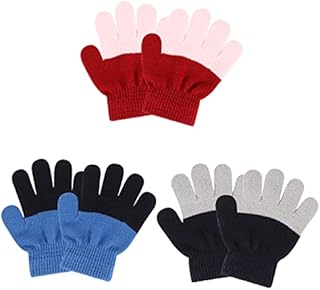 QKURT 3 Pairs Kids Winter Knit Gloves Children Warm Colorblock Full-finger Stretch Magic Gloves for Boys Girls Age 3-7 years