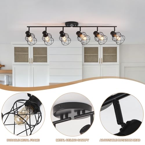 Image of 6 Lights Adjustable Multi-Directional Black Light Fixtures, Semi Flush Mount Ceiling Light, Kitchen Light Fixtures, Track Lighting Fixtures Metal Cage Industrial Spotlight Fixtures for Dining Room