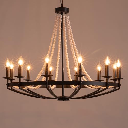 Tinkoso Farmhouse Candle Chandelier, 39' Black Wagon Wheel Chandelier with Wood Bead, Rustic French...