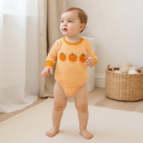 Infant Baby Boy Girl Halloween Outfit Jumpsuit Pumpkin Embroidery Stripe Onesie Sweatshirt Romper Newborn Fall Clothes2