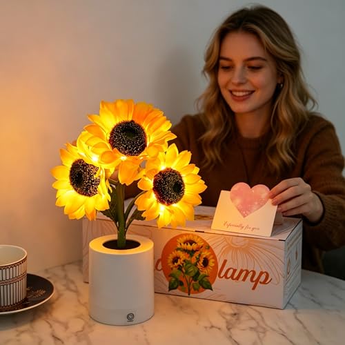 Image of Rechargeable Sunflower Flower Lamp Decor for Bedroom Bar Coffee Shop, Silk Flower Night Light Gifts for Women Mom Grandma Girlfriend Friend Wife Birthday Christmas Anniversary Valentines Mothers Day