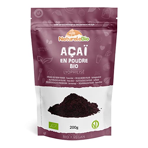 Bacche di Acai Biologiche in Polvere - Freeze-Dried - 200 gr. Prodotto in Brasile, Liofilizzato, Crudo ed Estratto dalla Polpa della Bacca di Açai. NaturaleBio