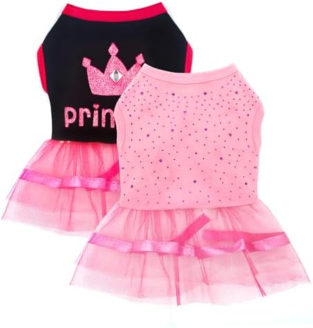 2-Pack Dog Dresses for Small Dog Girls Cute Princess Puppy Dresses with Rhinestones Tutu Pet Dress Outfit Female Dog Clothes for Small Dog Chihuahua Yorkie (Pink+Black, XX-Small)