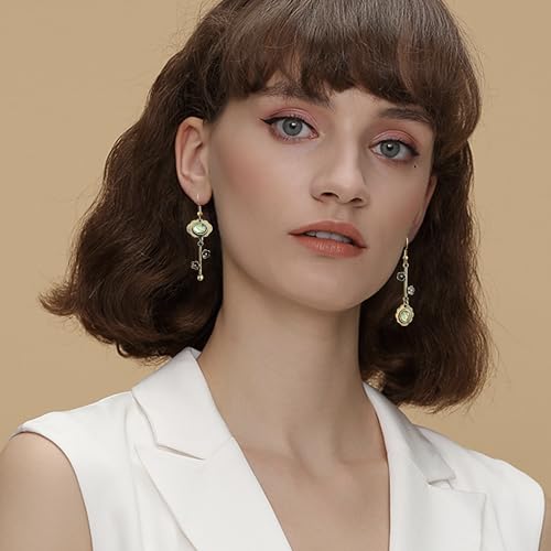 Handmade Bohemian Vintage Silver Asymmetry Plum Blossom Dangle Drop Earrings Dainty Cherry Green Crystal Flower Stud Earring for Women Statement Jewelry Gifts Mother's Day2