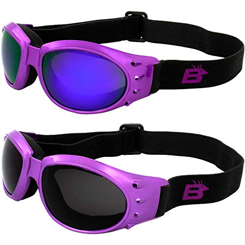 Birdz Eyewear Eagle Women's Purple Airy Foam Padded Motorcycle Goggles 2 Pairs Smoke & Purple ReflecTech Mirror Lenses