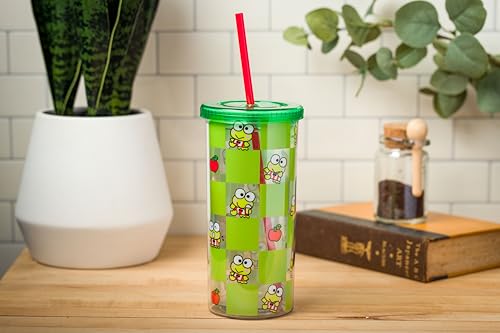 Image of Silver Buffalo Sanrio Hello Kitty and Friends Keroppi Green Checkered Plastic Cold Cup with Lid and Straw, 20 Ounces | Hello Kitty and Friends, Checkered Pattern, Includes Lid and Straw, 0.59 Liters