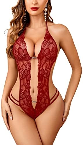 Avidlove Lingerie for Women Deep V Halter Lace Bodysuit Mini Babydoll Sleepwear Wine Red Medium