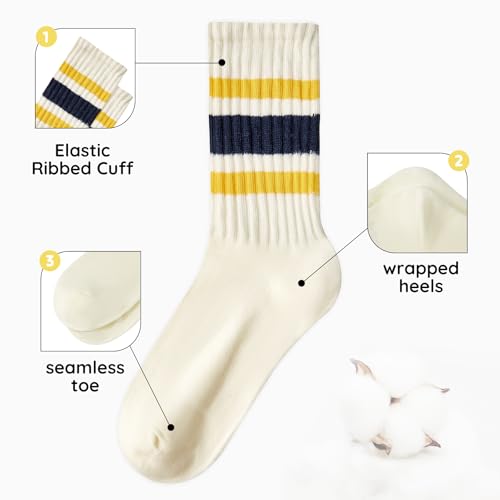 Image of Zando Novelty Striped Retro Vintage Casual Crew Socks for Women - Cotton Sporty Calf Socks