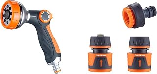 GRIFEMA, GE1303 Pistola de Riego, Pistola de Agua para Jardín, 8 Modos Ajustables & GE1103 Kit de Conector de Manguera de Jardín Que Incluye Conector Waterstop de 1/2"