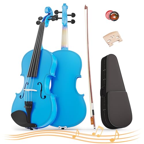 Image of 4 /4 Full Size Beginner Violin, Acoustic Fiddle Set for Adults, Teens, and Students (Age 12+), with Case, Bow, Bridge, and Rosin (Dark Blue)