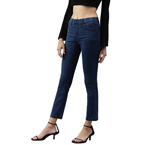 Image of Blue wash 5-Pocket high-Rise Cropped Bootcut Jeans, Clean Look, no Fade, has a Slip-On Closure, and Waistband with Belt Loops