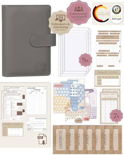 BeginnerBudget® Budget Planner Deutsch - Starterset mit Sparchallenge Budgetplaner - Sparen mit Umschlagmethode + Anleitung - Ringbuch - Binder A6 Glattleder-Style (Grau)