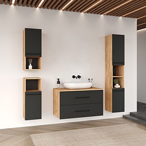Planetmöbel Ensemble de Meubles de Salle de Bains Complet 90 cm Chêne doré/Anthracite, Meuble sous lavabo avec Vasque à Poser, 2X armoires Midischrank et...