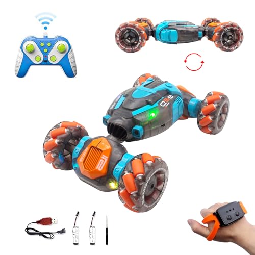 RECO TOYS Remote Control Twist Car Gesture Sensing RC Stunt Cars 360°Rotation 4WD Toys Car for Kids Age 7-14 Year Old Transform Car with Lights Music for Boys Girls Birthday Xmas Gifts (Blue/Orange)