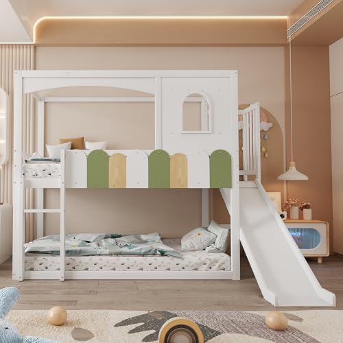 Fppuueg Litera Infantil de 90x200 con Diseño en Forma de Casa y Ventanas, Cama Alta con Escalera y Tobogán, Cama Litera Matrimonio con Protección contra Caídas, Literas Juveniles, Blanco, Sin Colchón