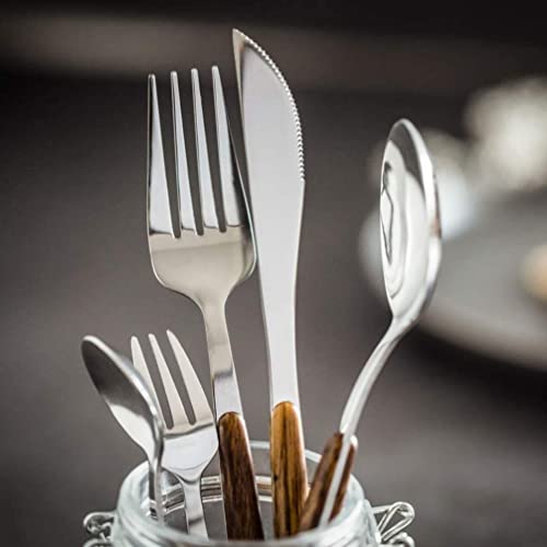 Image of Gold Flatware Matte Wooden Handle Stainless Steel Tableware Sets for 3 Including Forks Spoons Knives, Camping Silverware Travel Utensils Set Cutlery(Silver, Set of 15)