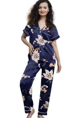 Image of WJing Yi Jia Womens Pajamas Set XS-4XL Floral Silk Satin Pajama Sets Silky Pj Sets 2Pcs Loungewear Sleepwear Button Down Pjs