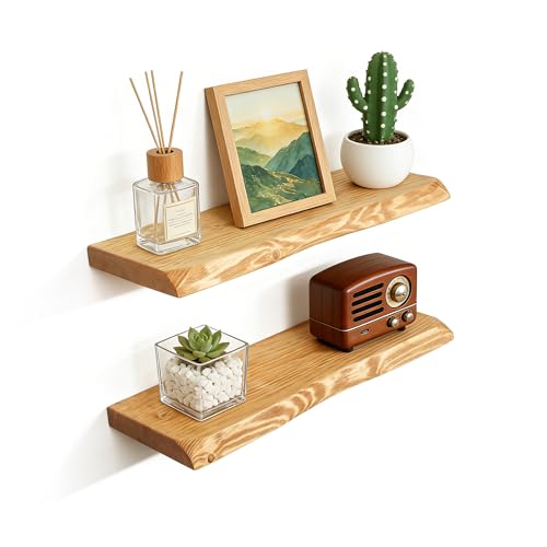 Koryndel 24 Inch Wooden Floating Shelves for Wall Set of 2, Finnish Spruce Solid Wood Shelf, Natural Wood Floating Shelves for Living Room, Bathroom, Bedroom, Kitchen, Natural Finish - image 1