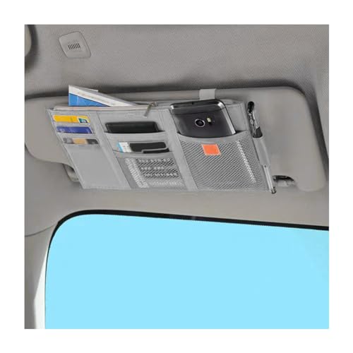Image of Car Sun Visor Organizer, Auto Interior Visor Storage Pouch Holder with Zipper, Multi-Pocket Net Personal Belonging Organizer, Universal Car Accessory for Cards, Documents (Gray)
