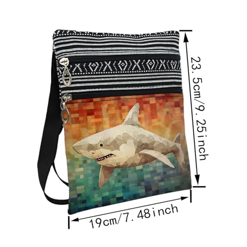 Abstract Shark Messenger Bag Small Ethnic Pattern Printed Adjustable Strap Crossbody Zipper Bag Abstract Shark Phone Bag Wallet Cute Shoulder Handbag for Women Friends -32