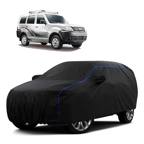 Image of Sulfar 100% Water Resistant Car Body Cover Compatible with Mirror for Tata Movus (Triple Stitched, Full Bottom Elastic, Black Tafetta with Blue Piping)