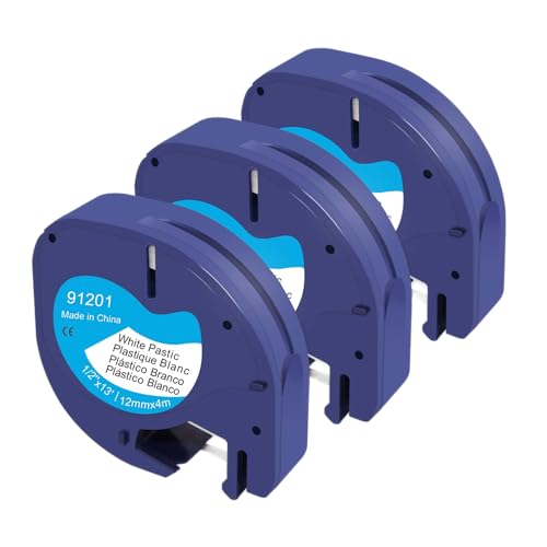 Molabel 3er-Pack kompatible Dymo LetraTag Etikettenbänder 12 mm x 4 m Schwarz auf Weiß Kunststoff. Passend für LetraTag LT-100H LT-100T XR XM 200B. Entspricht Modell 91221.
