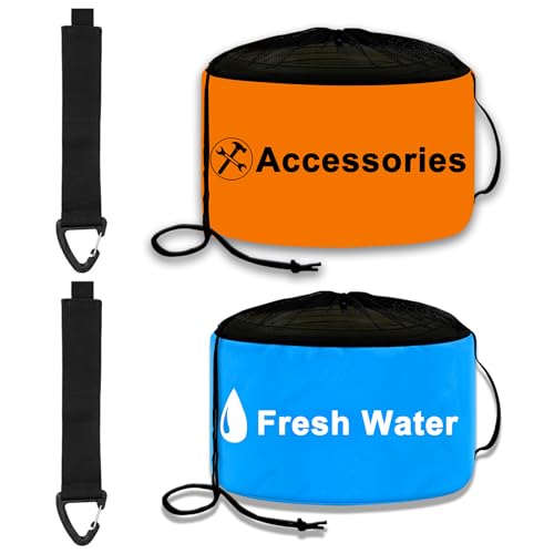 Image of 2-Pack Waterproof RV Hose Storage Bags with Drawstring Mesh Top, RV Utility bag, Sewer Hose Bag, Camper Tools Accessories Bag for Electrical Cords, Black /Fresh Water Hoses, Blue and Orange