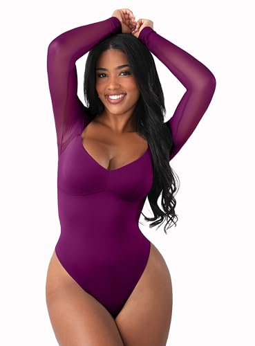 FeelinGirl Long Sleeve Bodysuit for Women Sexy Mesh V Neck Body Suits Thong Corset Top Going Out Outfits for Party