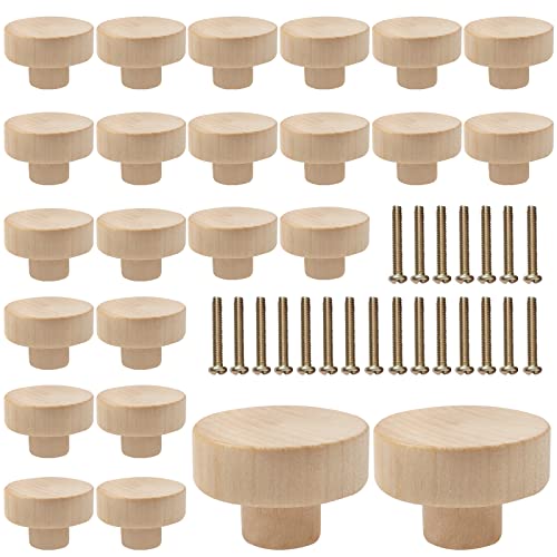 Image of proturbo 24 PCS Round Wooden Drawer Knob Unfinished Wood Cabinet Furniture Drawer Knobs Pulls (1.4''x1'') Handles with Screws for Drawer Wardrobe Dresser,Dresser Cupboard