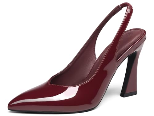 gihubafuil Women's Fashion Pumps Closed Pointed Toe High Kitten Heels Casual Slingback Slip-on Dress Shoes, Burgundy, Size 8